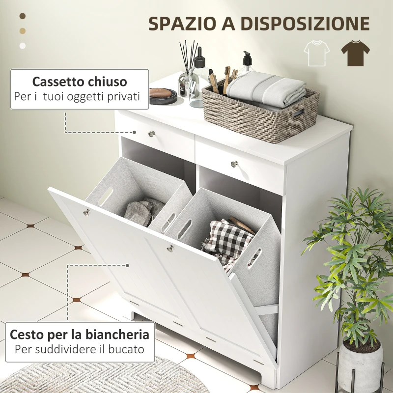HOMCOM Mobile Bagno con 2 Ceste Portabiancheria Rimovibili, 2 Cassetti e 2 Ante a Ribalta, 78x38x90 cm, Bianco