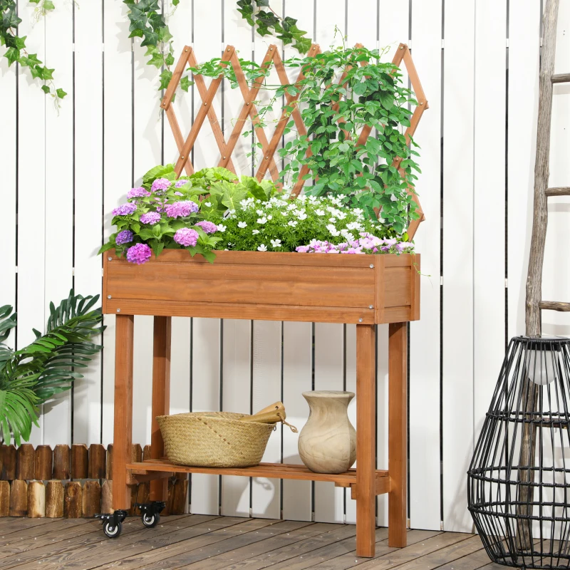 Outsunny Buitenzonnig verhoogd bed met traliewerk bloembak met plank, wielen voor balkonhout