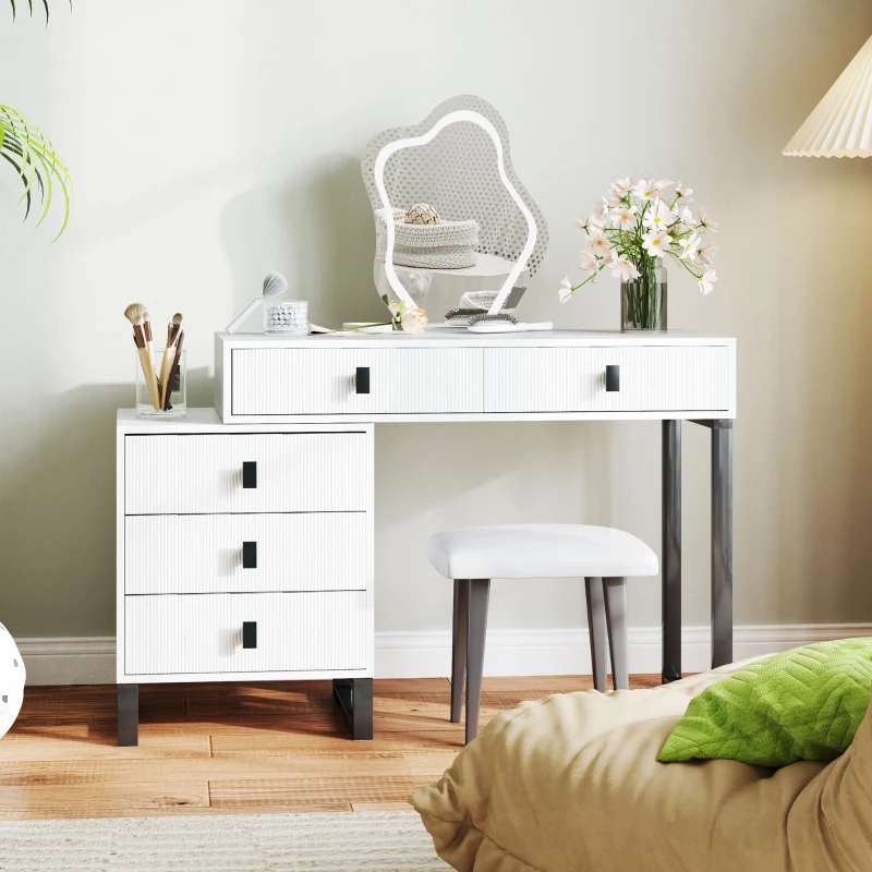 HOMCOM Dressing Table, Vanity Desk with Leaf Shape Mirror, Makeup Table with 5 Drawers, 3-Colour LED Lights, 100x40cm Tabletop, White