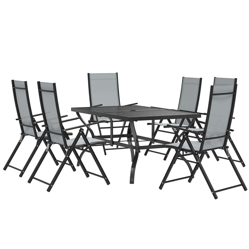 Outsunny Set pentru Grădină din 7 Piese, cu 6 Scaune Pliabile și Masă cu Orificiu pentru Umbrelă, 150x90x71 cm, Gri