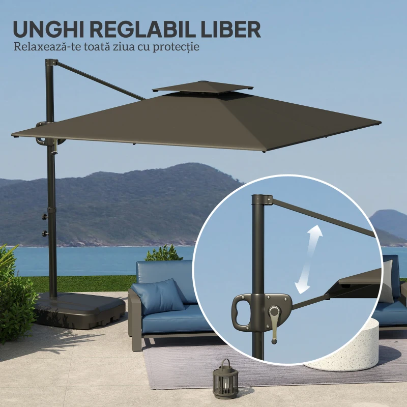 Outsunny Umbrelă de Soare Suspendată cu Parte Superioară Dublă, Mâner cu Manivelă și Înclinare, 247x247x268 cm, Gri