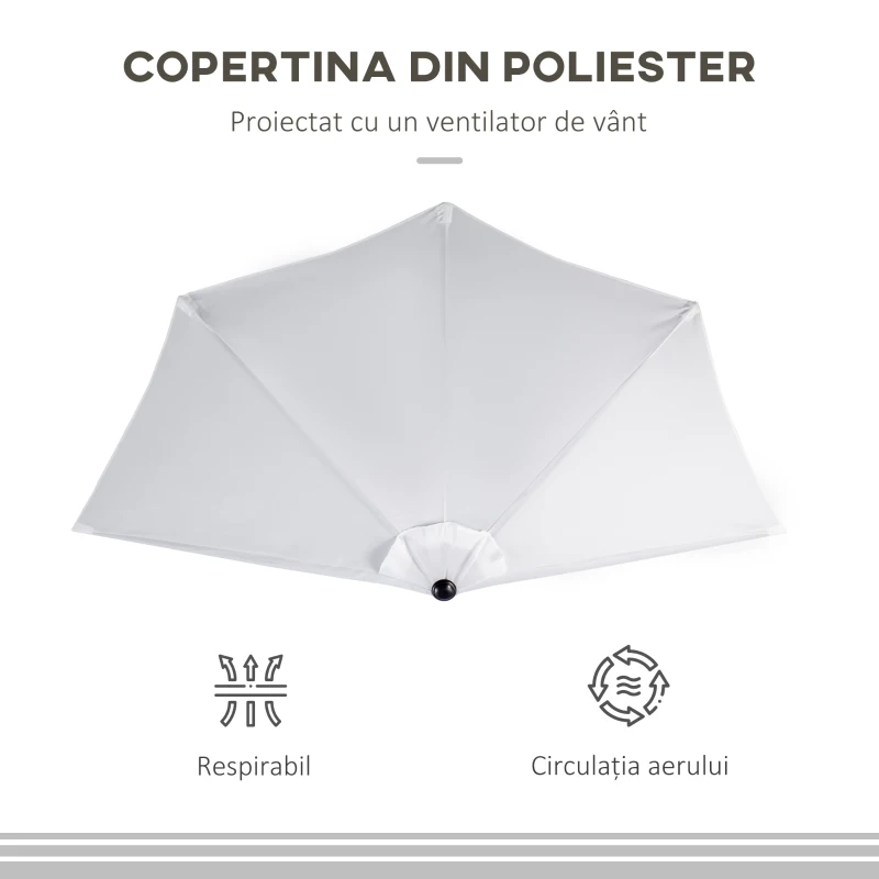 Outsunny Umbrelă Semicirculară de Perete cu Deschidere cu Manivelă și 5 Spițe, 2.6x1.35x2.3 m, Alb