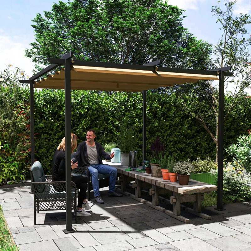 Outsunny Pergolă de Grădină cu Acoperiș Retractabil și Cadru Metalic, 300x300x227 cm, Bej(m-7)