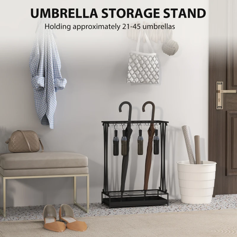HOMCOM Suport pentru Umbrele din Oțel cu Tavă de Scurgere Detașabilă, 50x24x68 cm, Negru