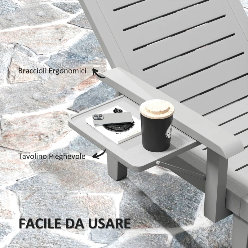 Outsunny Set 2 Sdraio da Giardino Regolabili con Tavolino e Braccioli, in Polipropilene, 79x158x88 cm, Grigio Chiaro