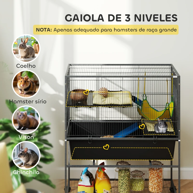 PawHut Gaiola para Animais Pequenos de 3 Níveis com Rodas Rampas e Bandeja Amovível Recinto para Roedores 88x48x102 cm Cinza Escuro