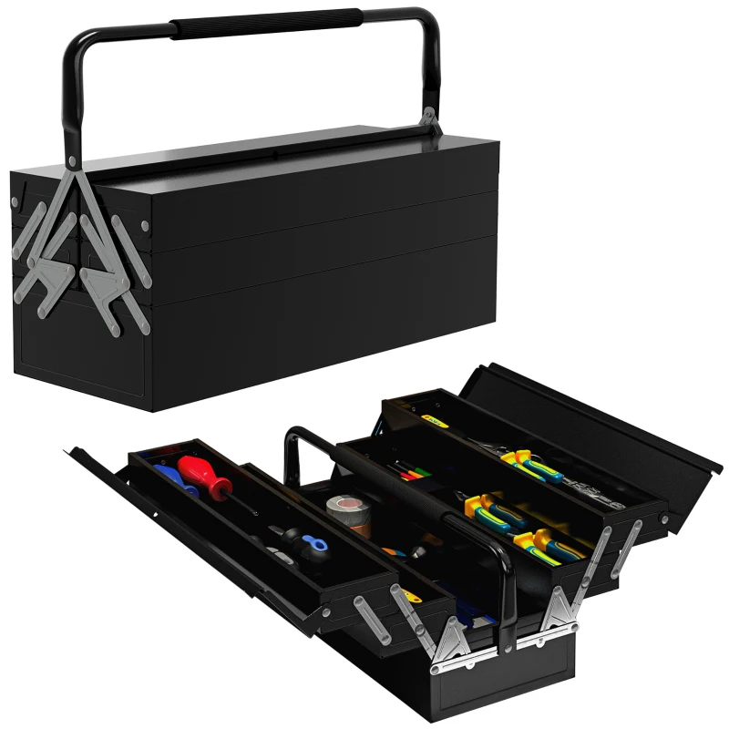 DURHAND 3 Tier Metal Toolbox, 5 Tray Professional Portable Tool Box with Carry Handle for Workshop, 56cmx20cmx34cm, Black