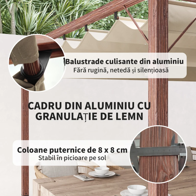 Outsunny Pergolă de Grădină cu Acoperiș Retractabil și Cadru din Aluminiu cu Aspect de Lemn, 382x300x232 cm, Lemn Natural(m-5)