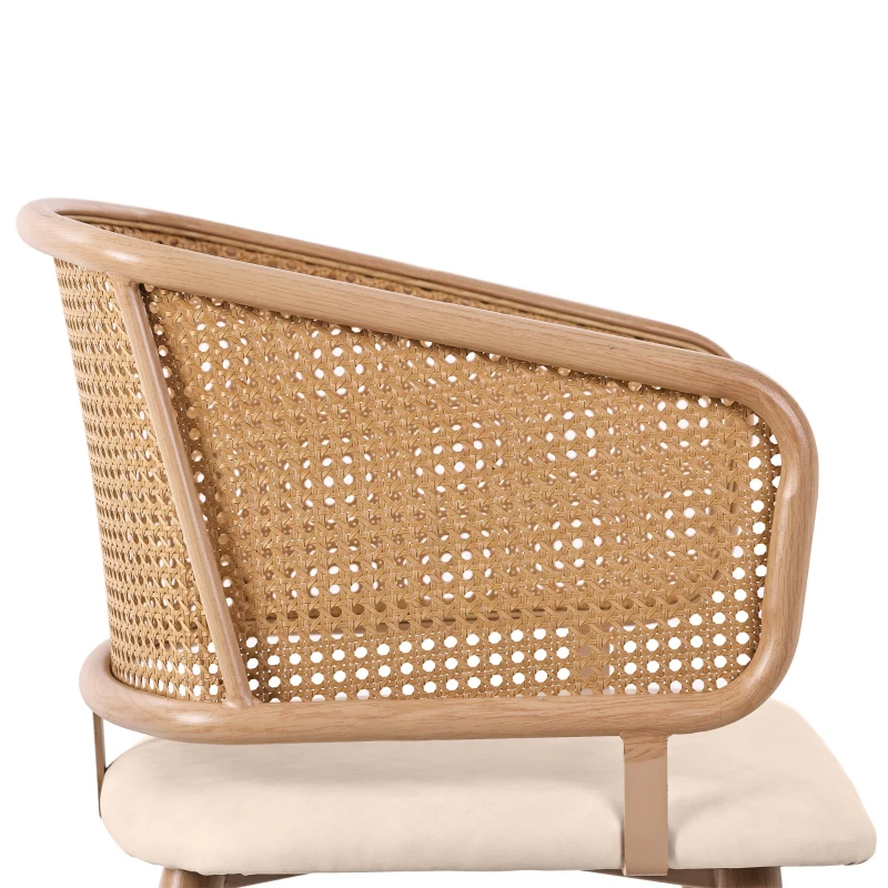 Set de 4 scaune de sufragerie cu spătar din ratan, pernă de șezut din piele PU, 51x54x79 cm, Bej+Maro