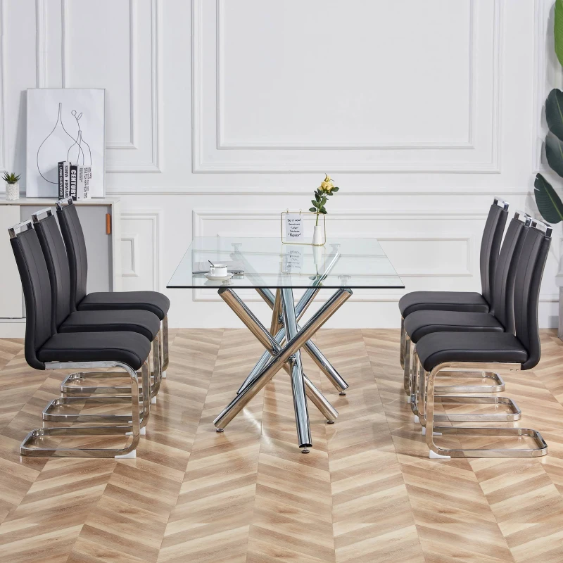 Set de 4 scaune de sufragerie cantilever, structură din metal cromat, spătar din piele PU, 42x54x100 cm, Negru