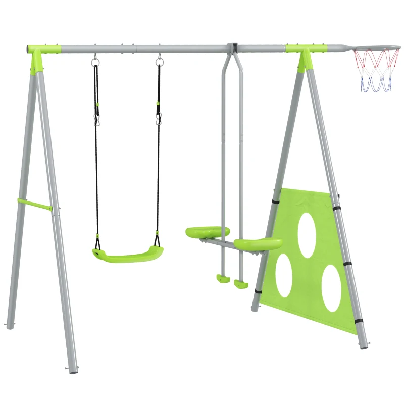 AIYAPLAY Leagăn de Grădină 4 în 1 pentru Copii cu Coș de Baschet și Poartă de Fotbal, 215x180x182 cm, Verde(m-11)
