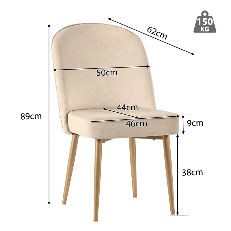 Juego de 2 Sillas de Comedor con Respaldo Ergonómico y Patas Doradas de Metal, 50x62x89 cm, Beige