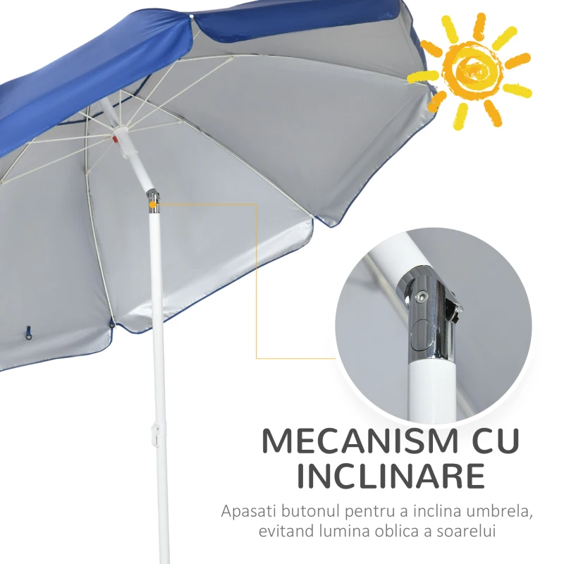 Outsunny Umbrelă de Plajă cu Acoperiș Înclinabil la 45°, Ferestre și 2 Buzunare, Ø191x211 cm, Albastru
