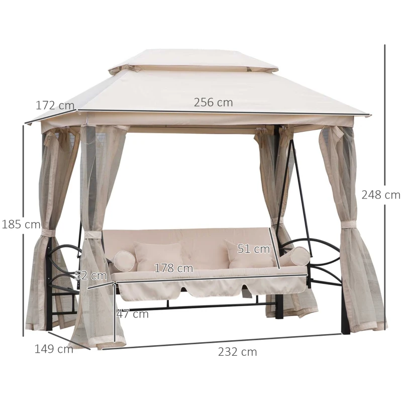 Outsunny Dondolo 3 Posti e Lettino Singolo Copertura a Gazebo con Zanzariera e Cuscini 256x172x248cm Crema