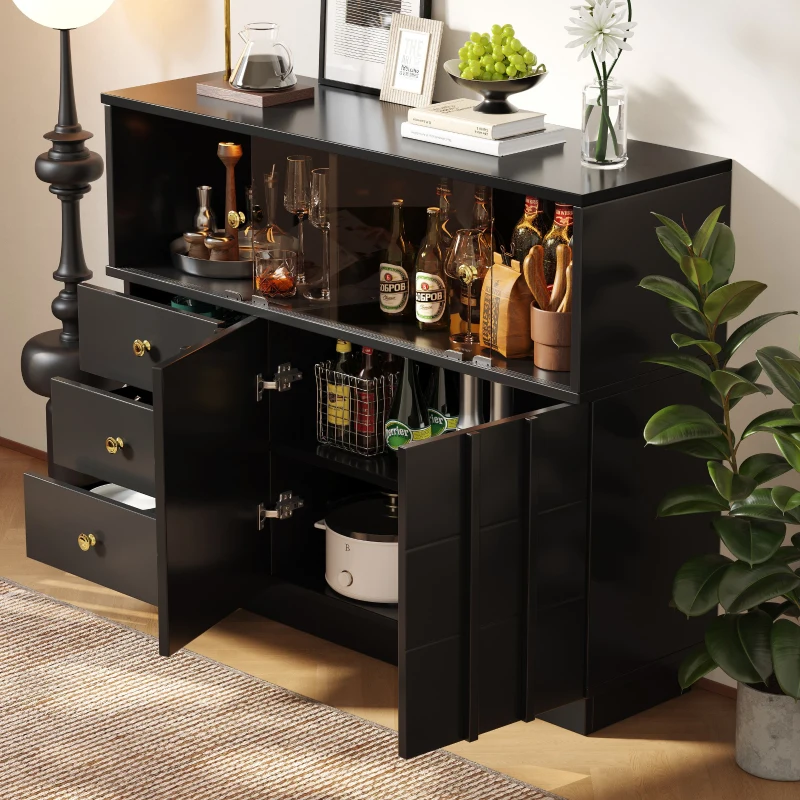 Buffet de cuisine avec portes vitrées, Armoires de rangement pour salle à manger et salon, 120×33×95 cm, Noir
