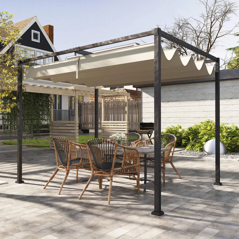 Outsunny Pérgola de Jardín 3x2m Cenador de Techo Retráctil de Poliéster Recubrimiento Resistente para Celebraciones Fiestas Caqui
