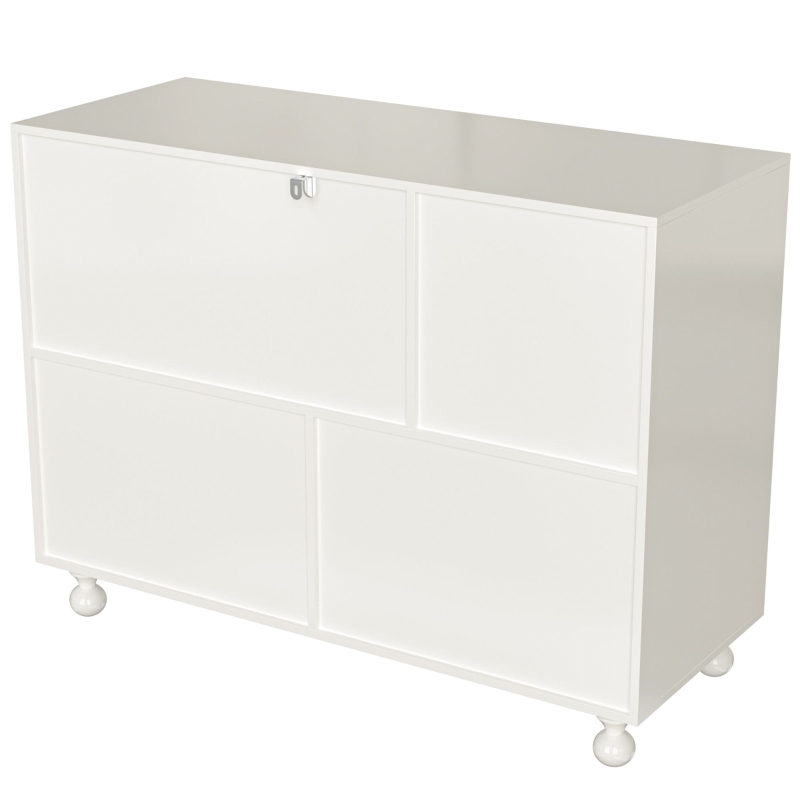 Buffet moderne avec design de touches de piano, porte en verre, pieds en colonnes rondes, 120×40×90 cm, Blanc