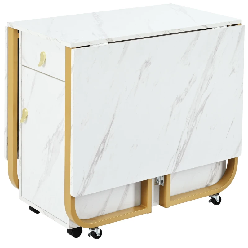 Table à manger pliable polyvalente avec roulettes, 150×80×76 cm, Blanc+Or