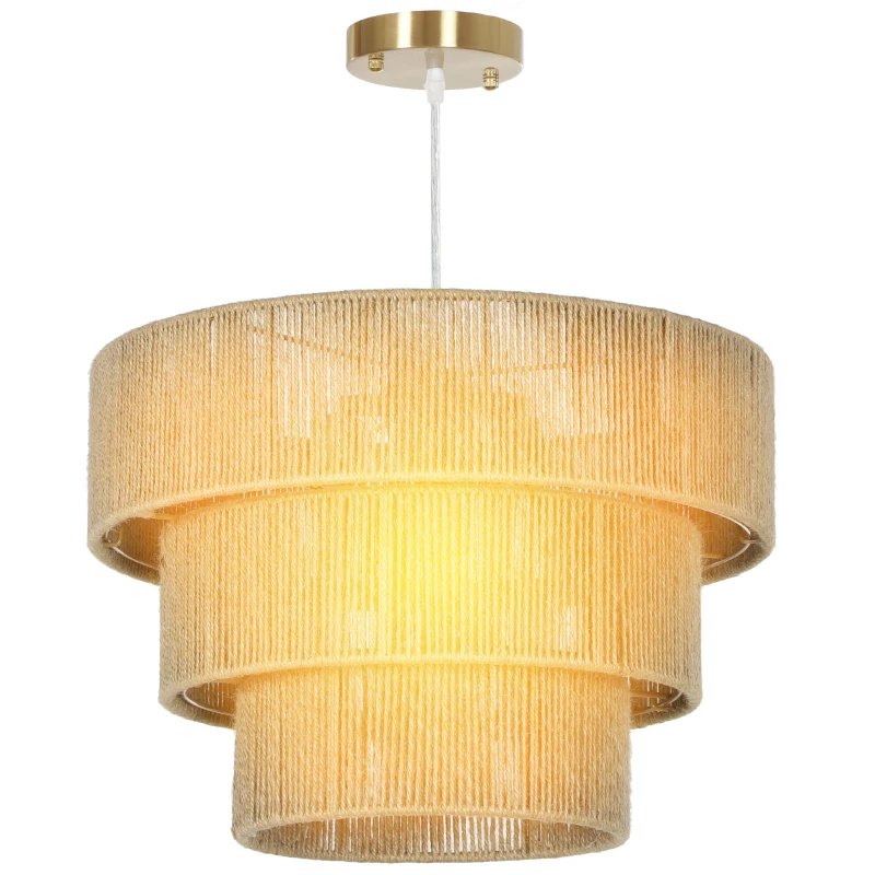 HOMCOM Hemp Rope Ceiling Light, 3-Layer Boho Pendant Light, 4 x E14 Vintage Ceiling Lamp Fixtures for Living Room, Bedroom, Kitchen, Hallway, Light Brown