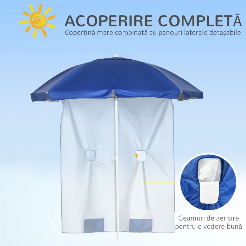 Outsunny Umbrelă de Plajă cu Acoperiș Înclinabil la 45°, Ferestre și 2 Buzunare, Ø191x211 cm, Albastru
