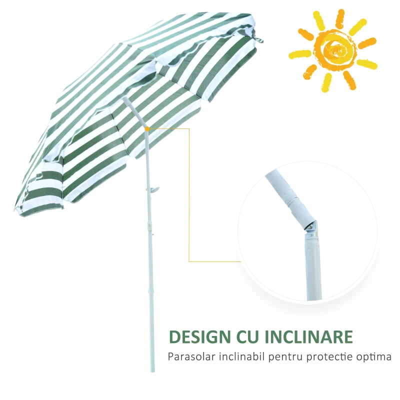 Outsunny Umbrelă de Plajă cu Acoperiș Înclinabil la 45°, Ø1.8x2 m, Verde și Alb