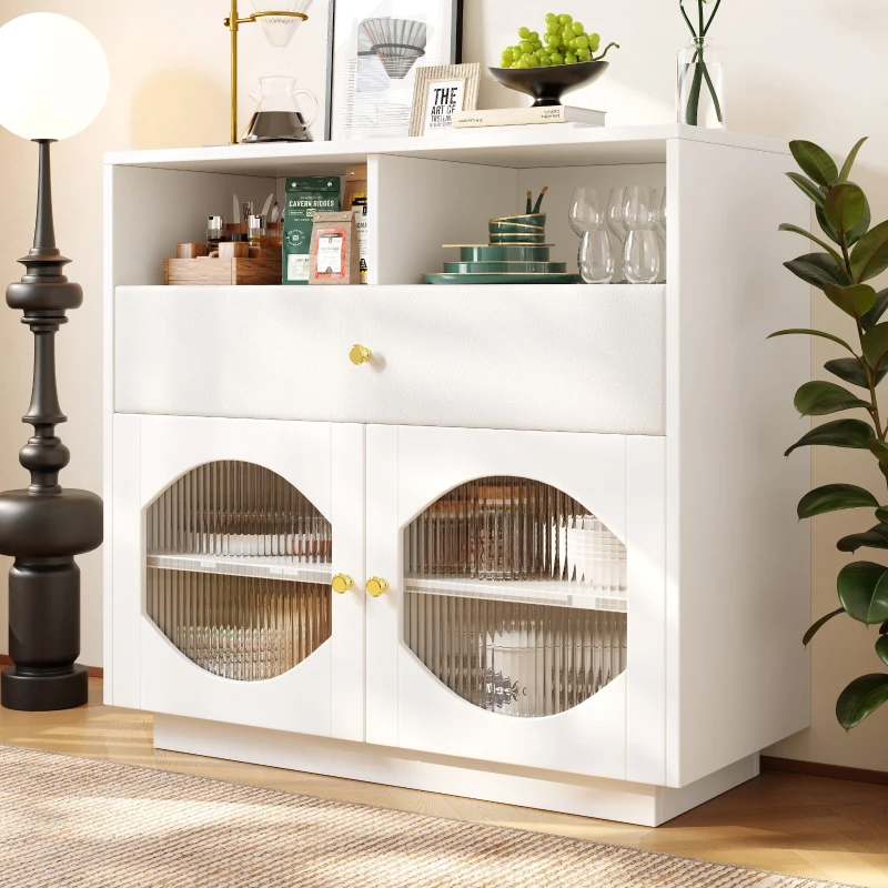 Buffet de cuisine avec portes vitrées, Casiers au design moderne, 100×40×90,5 cm, Blanc