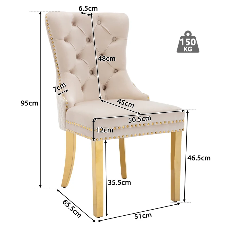 Esszimmerstühle Set aus 4 Samt Polsterstuhl mit Nagelkopfbesatz und runden Zugringen Esszimmer 95 cm Beige