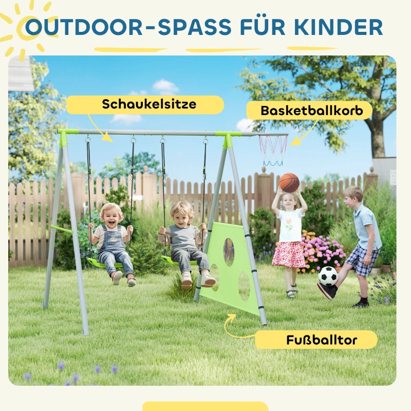 AIYAPLAY Schaukelset für Kinder, 2 Schaukelsitze, 1 Basketballkorb, 1 Fußballtor, Metallrahmen, Grün(m-4)