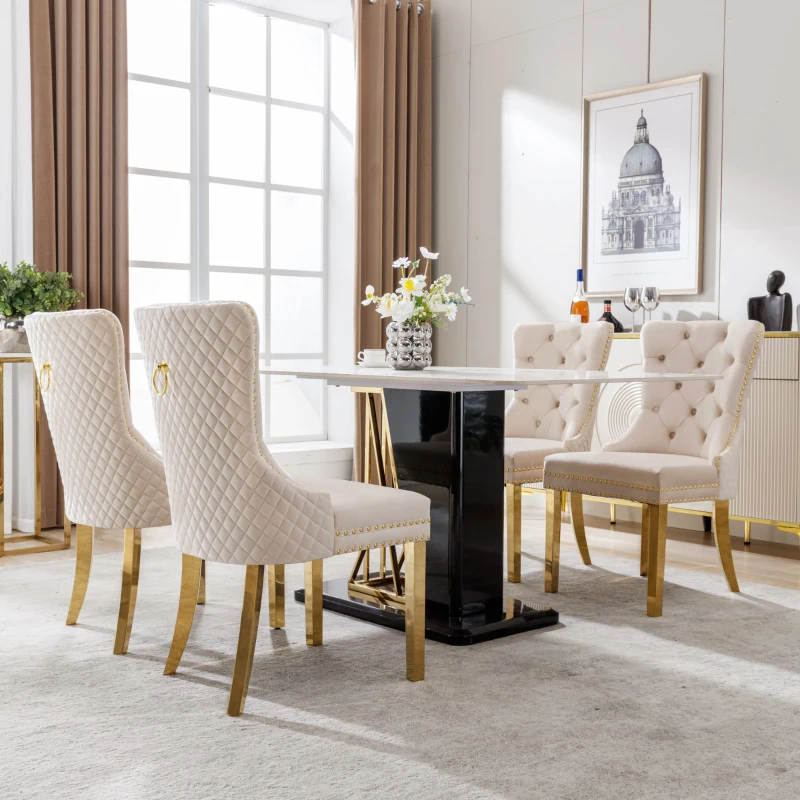 Esszimmerstühle Set aus 4 Samt Polsterstuhl mit Nagelkopfbesatz und runden Zugringen Esszimmer 95 cm Beige