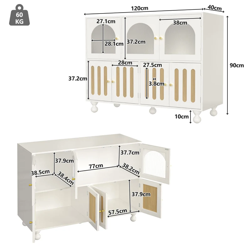 Buffet moderne avec design de touches de piano, porte en verre, pieds en colonnes rondes, 120×40×90 cm, Blanc