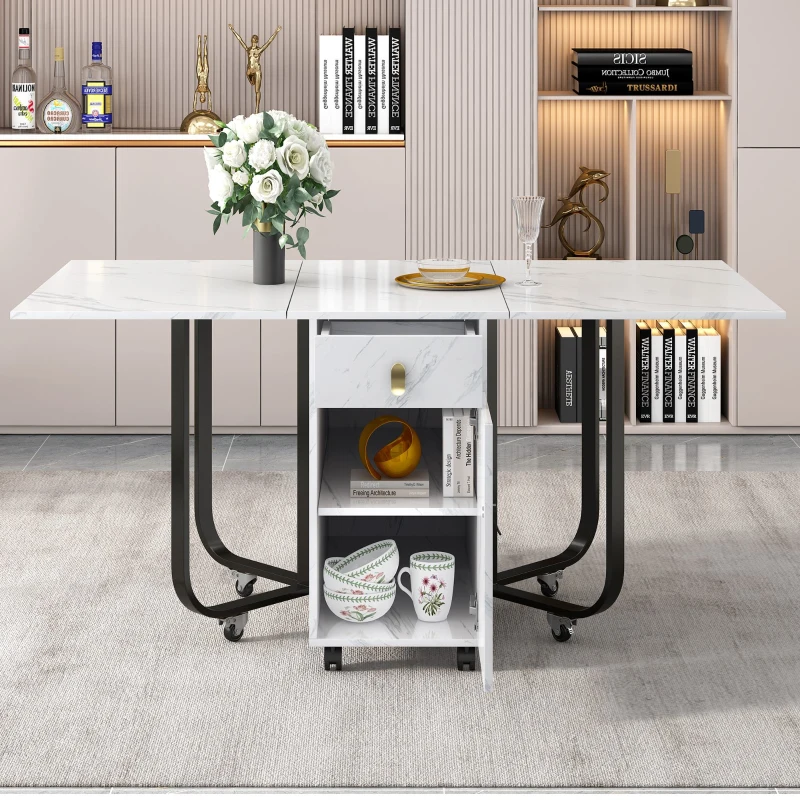 Tavolo da cucina versatile e pieghevole con ruote, con credenza e 2 cassetti, 150x80x76 cm, Bianco e Nero