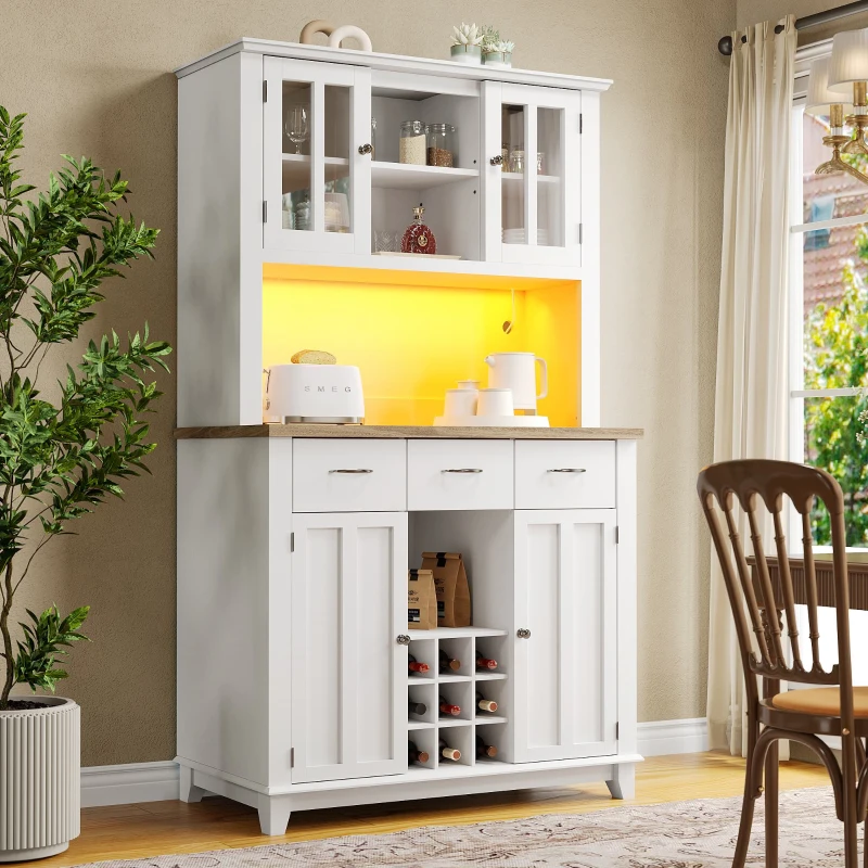 Armoire de cuisine avec éclairage LED, avec étagères réglables, 106×40×179,5 cm, Blanc