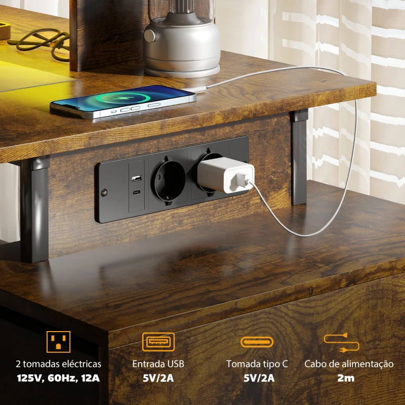 HOMCOM Secretária Estilo Industrial com Luzes LED Estação de Carga Suporte para Monitor Controlo Remoto 142x50x126,5 cm Castanho Rústico