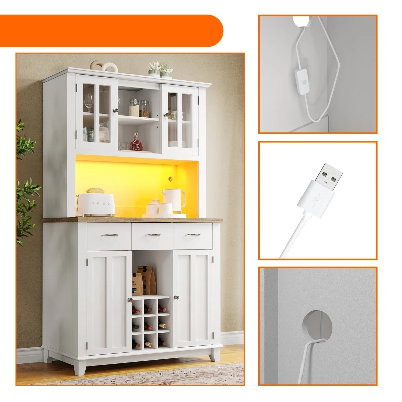 Armoire de cuisine avec éclairage LED, avec étagères réglables, 106×40×179,5 cm, Blanc