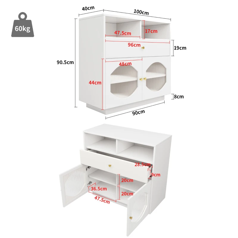 Buffet de cuisine avec portes vitrées, Casiers au design moderne, 100×40×90,5 cm, Blanc