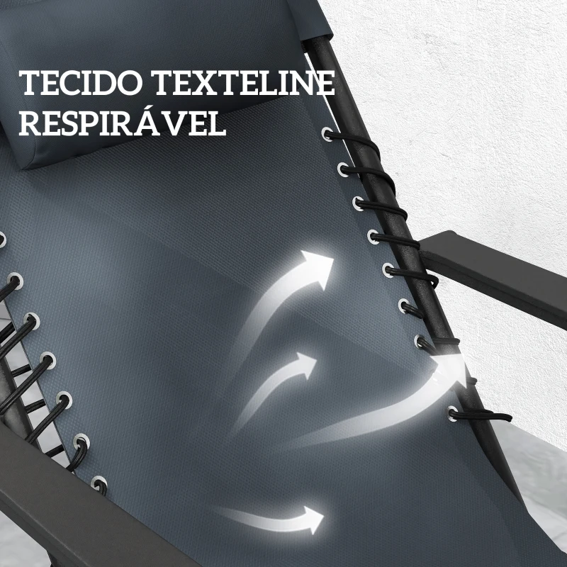 Outsunny Conjunto de 2 Espreguiçadeiras Jardim Dobráveis com Mesa Auxiliar Porta-Copos e Encosto Ajustável 90x65x110 cm Cinza