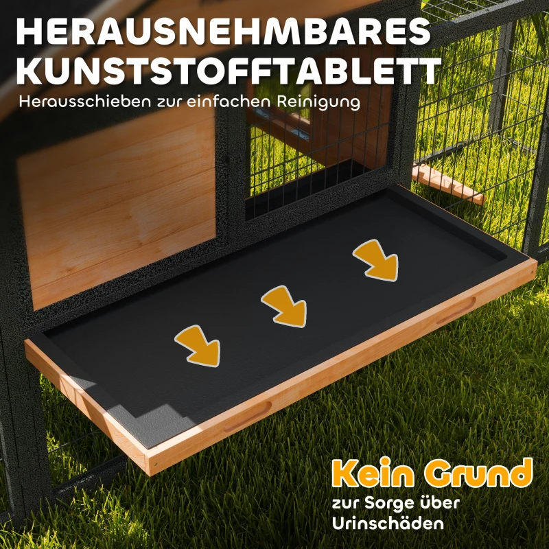 PawHut Hasenstall 2 Ebenen Kaninchenstall aus Vollholz Winterfest Doppelstockhaus mit Freilaufgehege 217x53x86 cm Gelb(m-7)