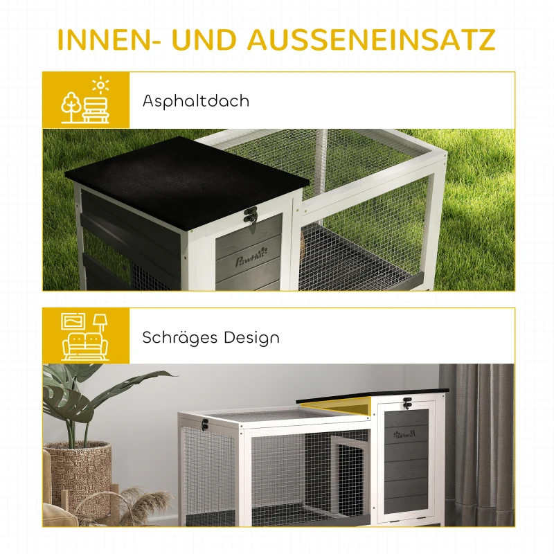 PawHut Kaninchenstall aus Holz Hasenstall mit Freilaufgehege Rädern Klappdach für Innen, draußen 92 x 52 x 67 cm Dunkelgrau(m-7)