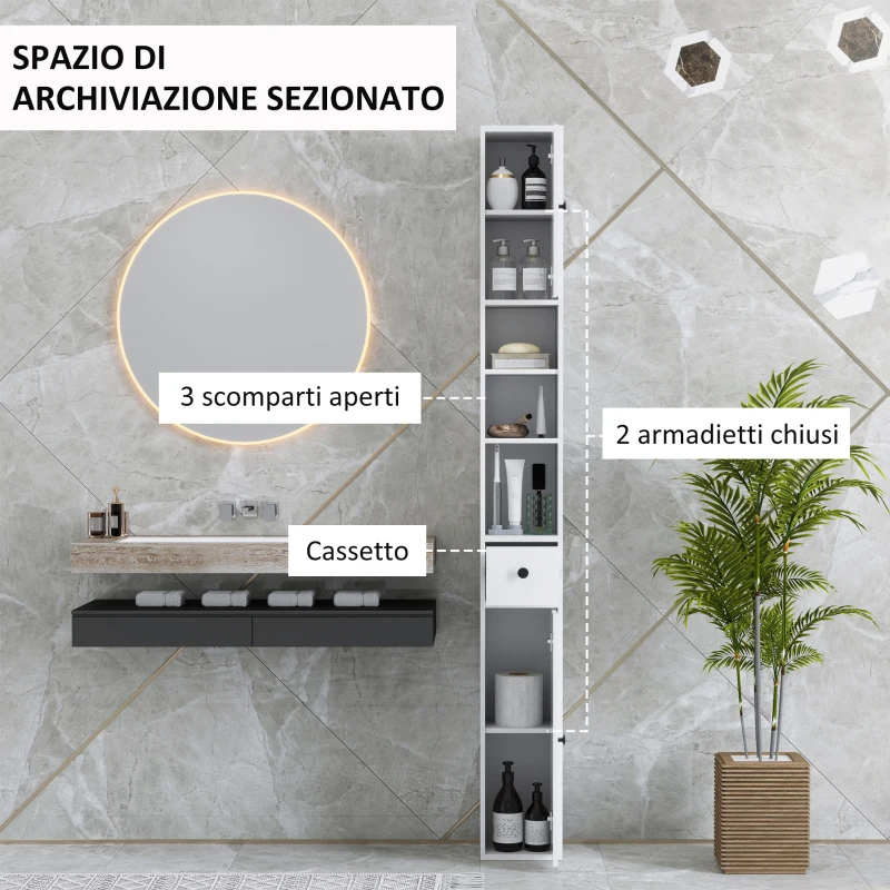 HOMCOM Colonna Bagno Salvaspazio con 2 Armadietti, 3 Ripiani Aperti e Cassetto, in Legno, 20x20x178 cm, Bianco