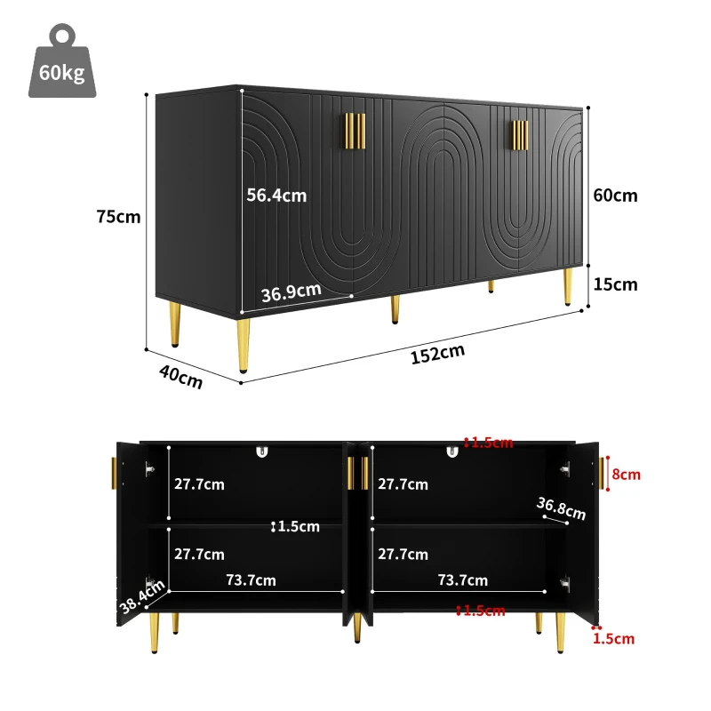 Buffet avec un design ondulé unique, poignées et pieds dorés, 152×40×75 cm, Noir