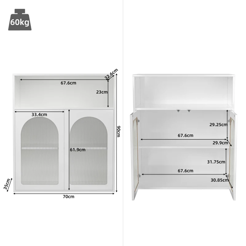 Buffet de rangement avec porte vitrée et éclairage LED, adapté à la cuisine et au salon, 210×35×90 cm, Blanc