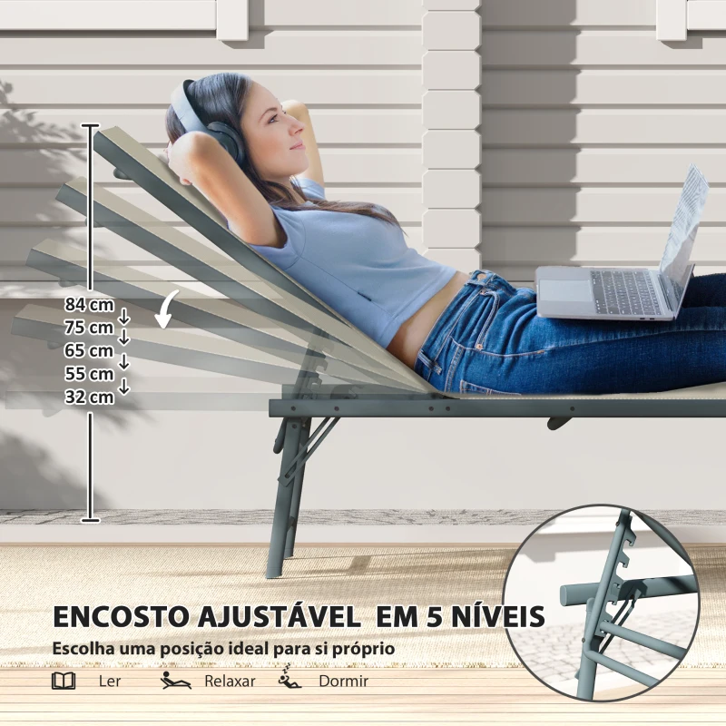 Outsunny Conjunto de 2 Espreguiçadeiras Jardim Dobráveis e Reclináveis em 5 Posições 164x54x84 cm Creme