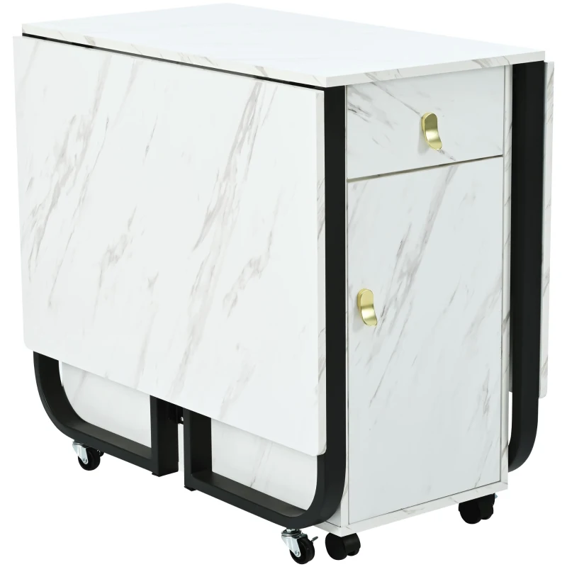Tavolo da cucina versatile e pieghevole con ruote, con credenza e 2 cassetti, 150x80x76 cm, Bianco e Nero