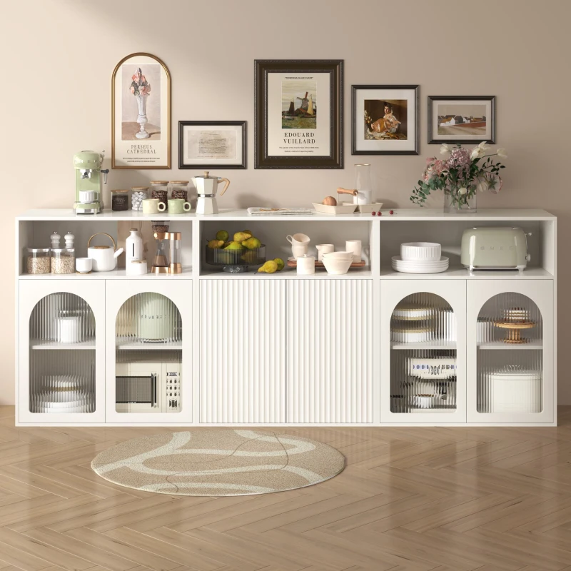 Buffet de rangement avec porte vitrée et éclairage LED, adapté à la cuisine et au salon, 210×35×90 cm, Blanc