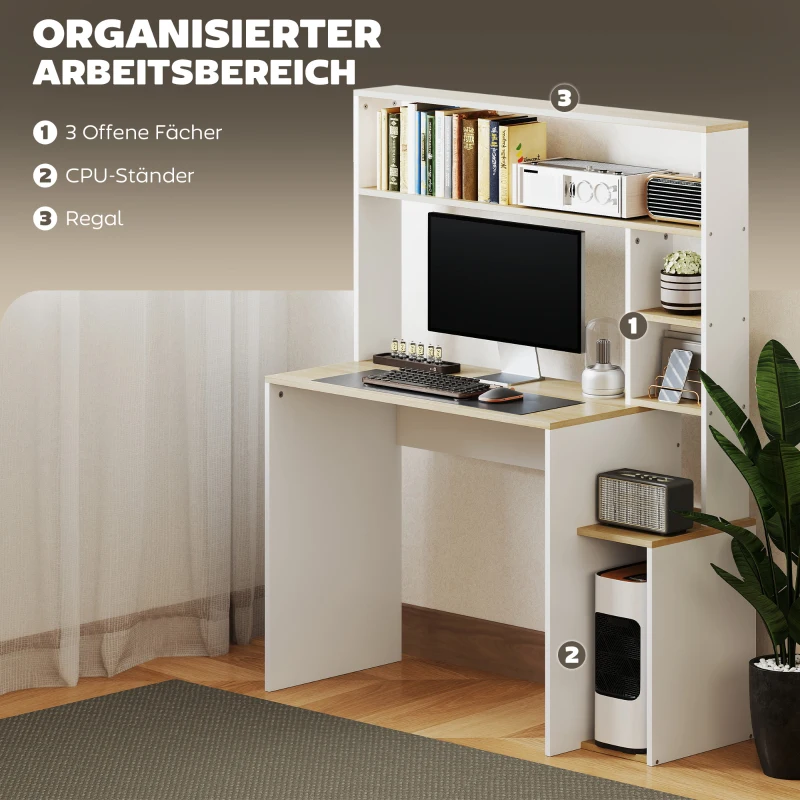 HOMCOM Computertisch, Schreibtisch mit offenen Regalen und Ablagefächern, aus Stahl, Hellbraun+Weiß(m-4)