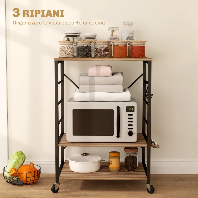 HOMCOM Scaffale da Cucina a 3 Livelli Stile Industriale con Ruote e 4 Ganci, Struttura in Acciaio, 60x40x84 cm, Teak