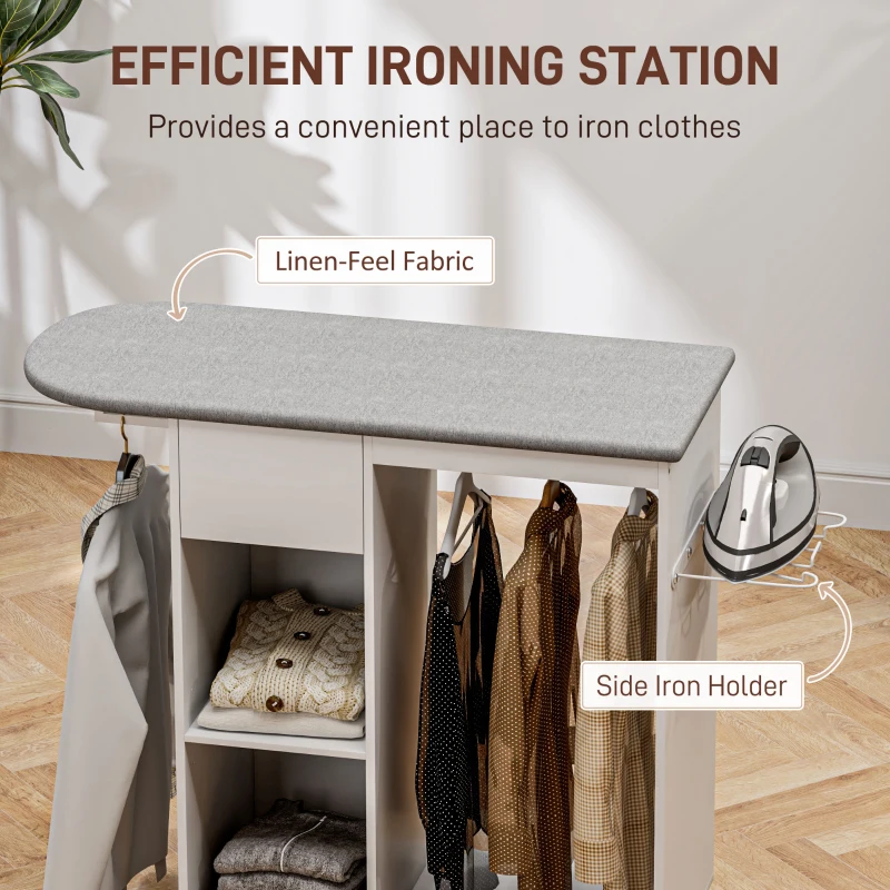 HOMCOM Masă de Călcat cu Suport pentru Fier de Călcat, Suport pentru Haine, Sertar și Raft, 125x43,5x112 cm, Alb