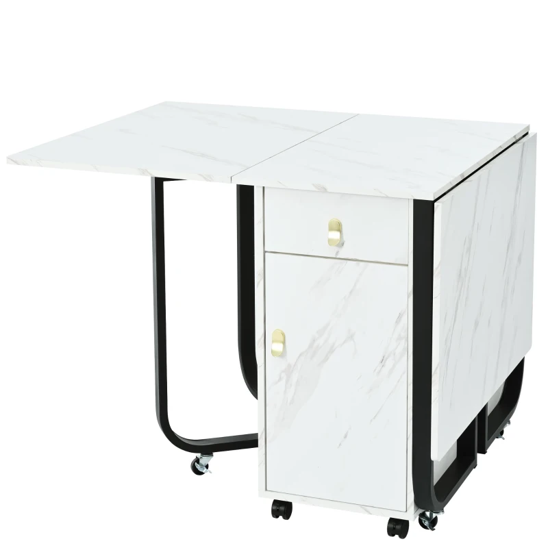 Tavolo da cucina versatile e pieghevole con ruote, con credenza e 2 cassetti, 150x80x76 cm, Bianco e Nero