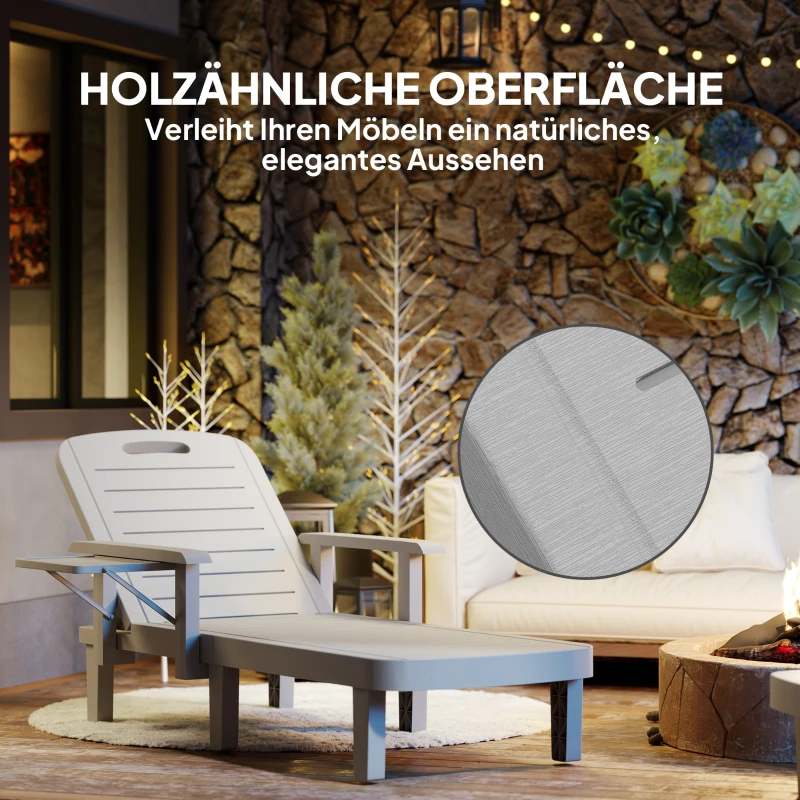 Outsunny Sonnenliege Gartenliege mit Seitentisch Holzoptik Liegestuhl mit 5-Fach verstellbare Rückenlehne Hellgrau