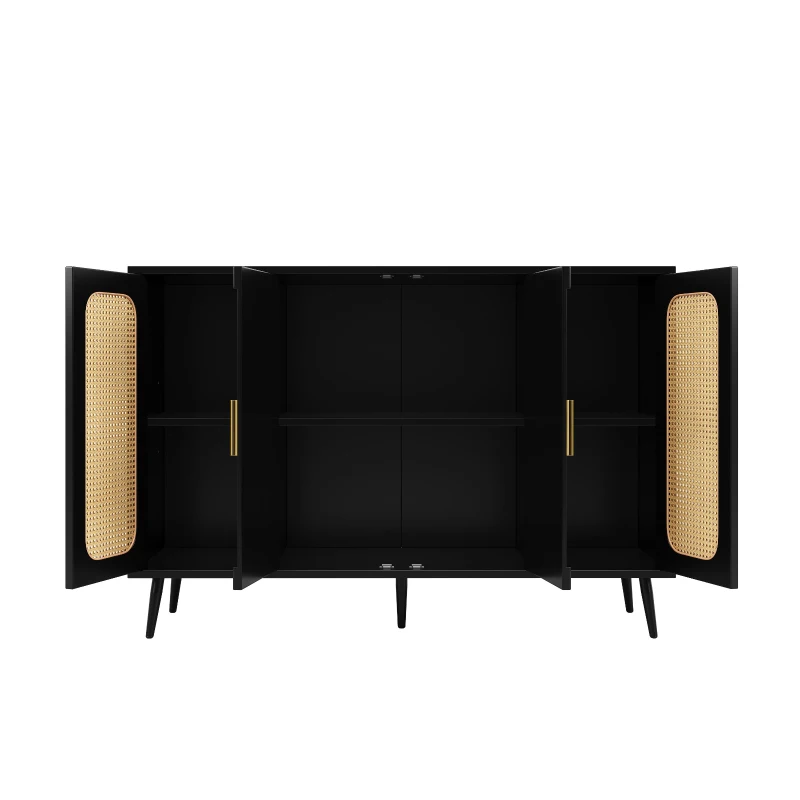 Buffet avec design en rotin, avec portes blister et étagères réglables, 120×35×89 cm, Noir